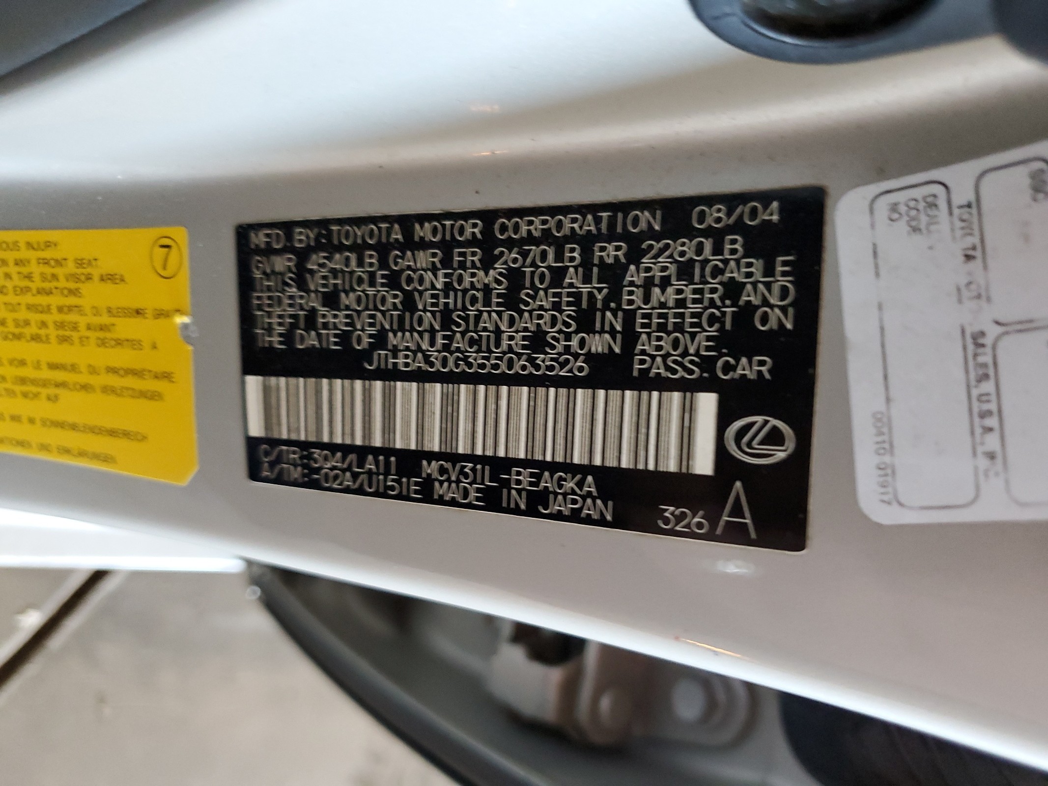 JTHBA30G355063526 2005 Lexus Es 330