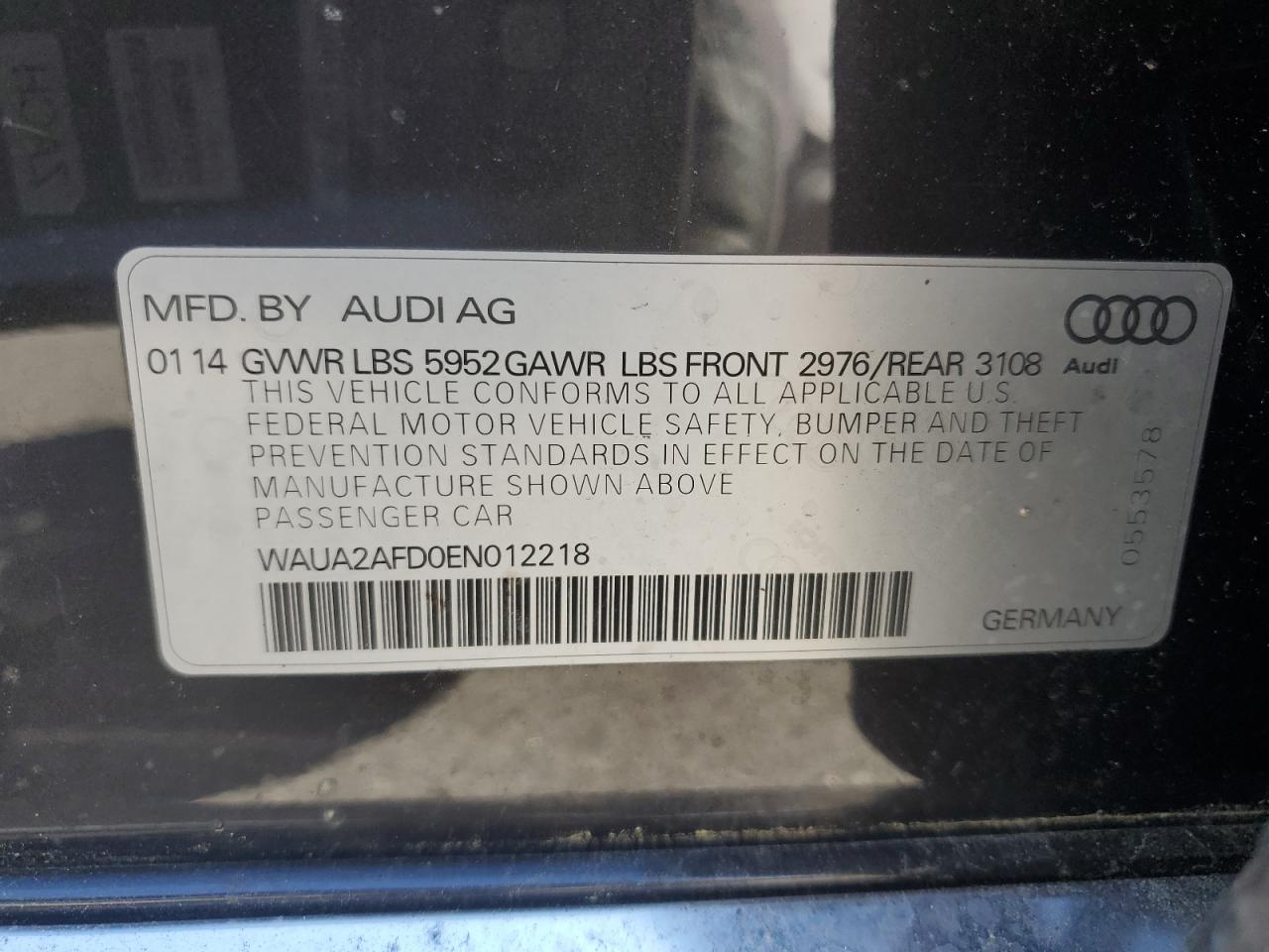 2014 Audi A8 Quattro VIN: WAUA2AFD0EN012218 Lot: 60939104