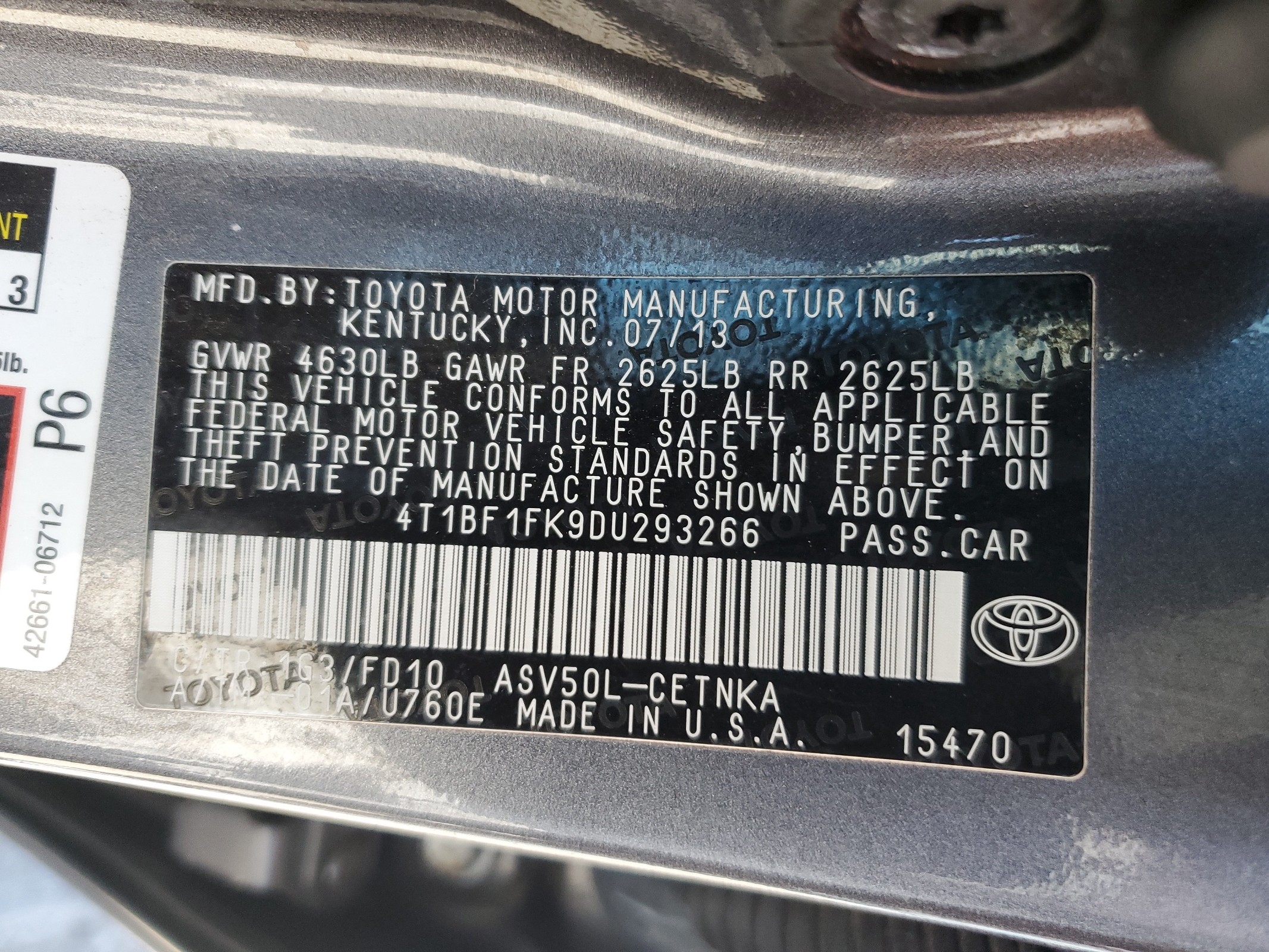 2013 Toyota Camry L vin: 4T1BF1FK9DU293266