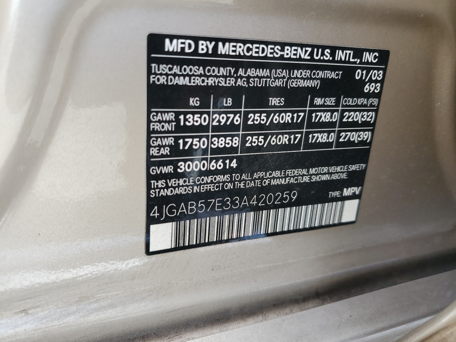 4JGAB57E33A420259 2003 Mercedes-Benz Ml 350