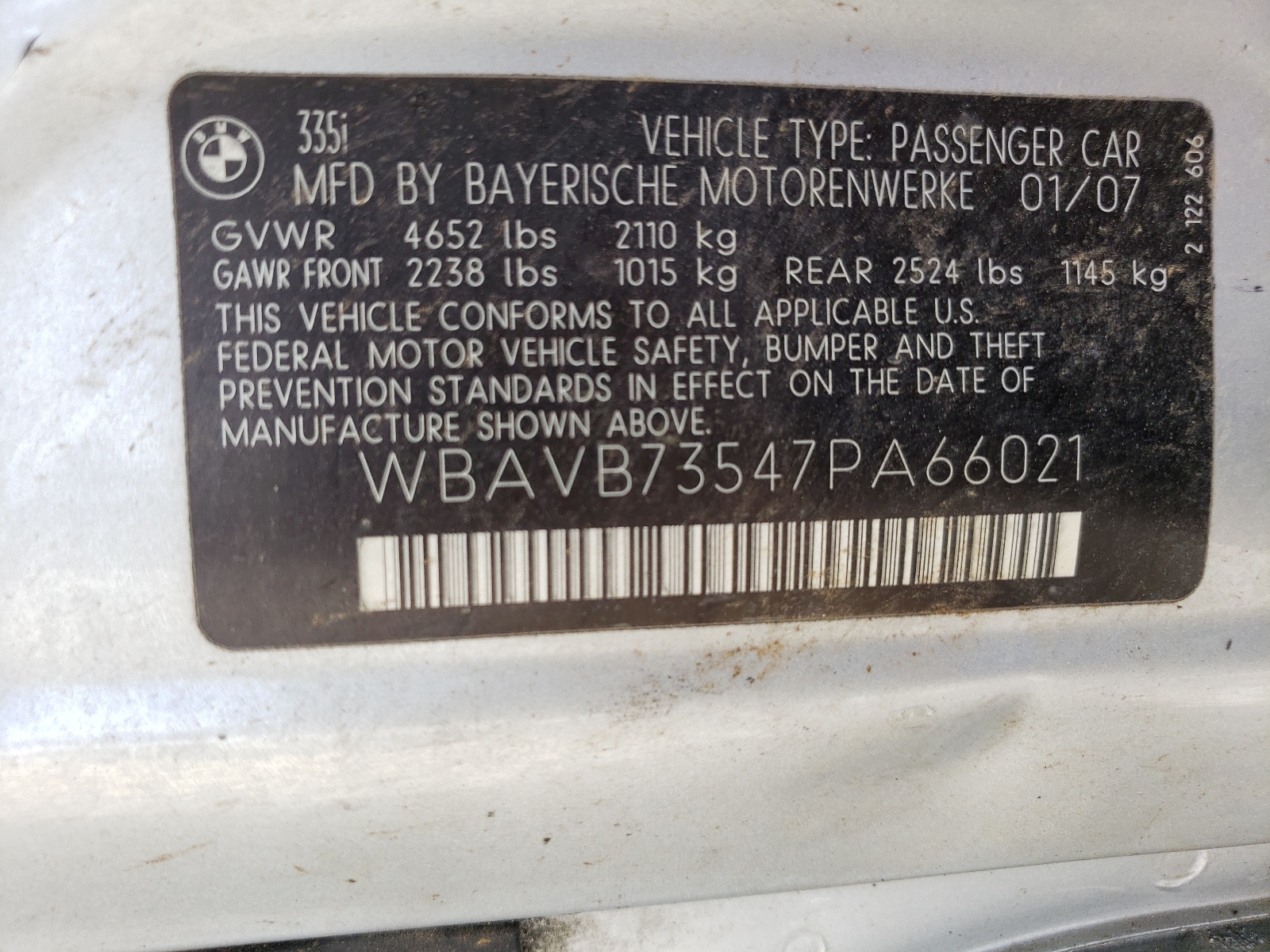 WBAVB73547PA66021 2007 BMW 335 I