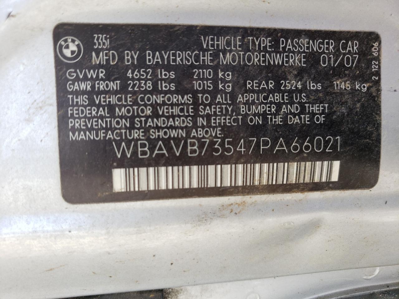 2007 BMW 335 I VIN: WBAVB73547PA66021 Lot: 61205154