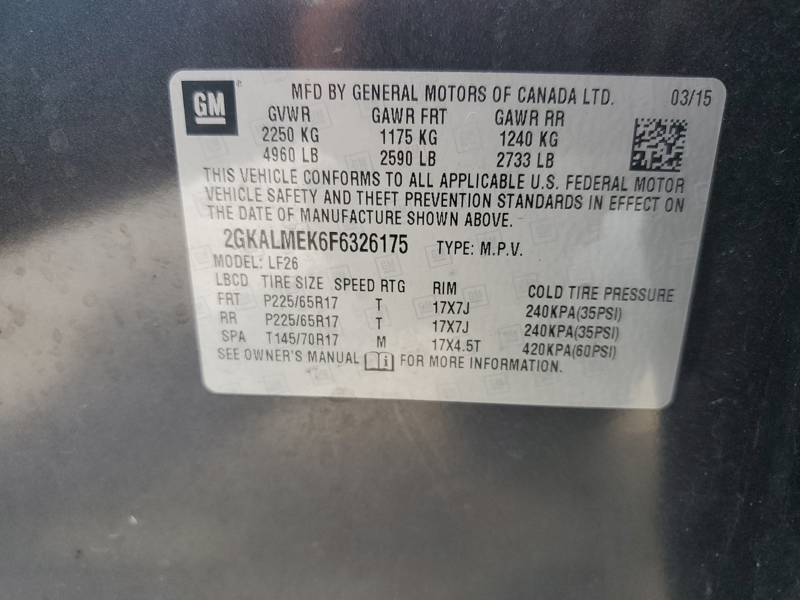 2GKALMEK6F6326175 2015 GMC Terrain Sle