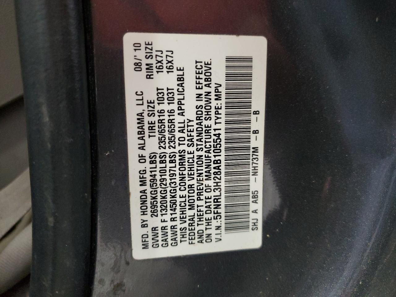 5FNRL3H28AB105541 2010 Honda Odyssey Lx