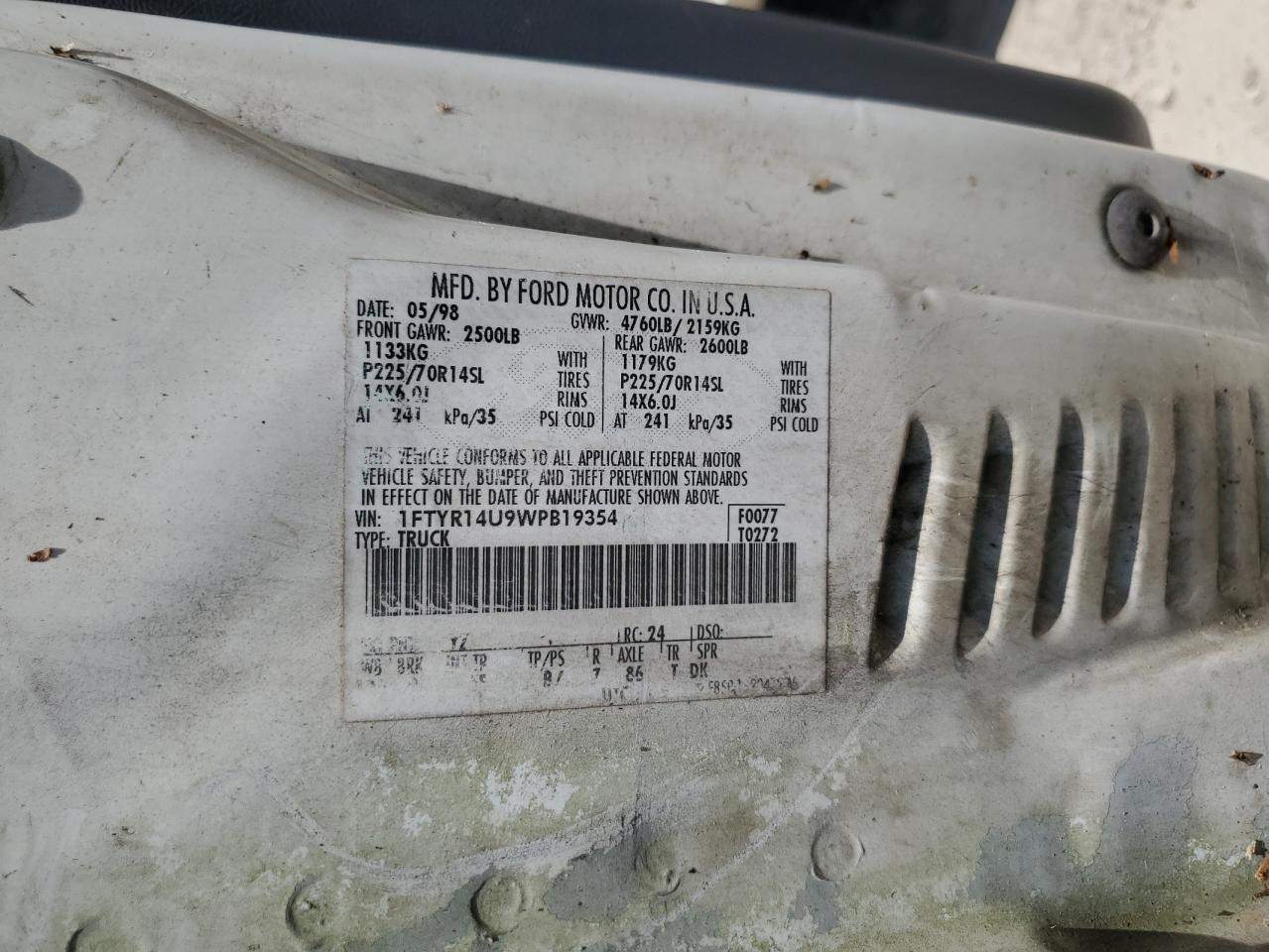 1998 Ford Ranger Super Cab VIN: 1FTYR14U9WPB19354 Lot: 58017784