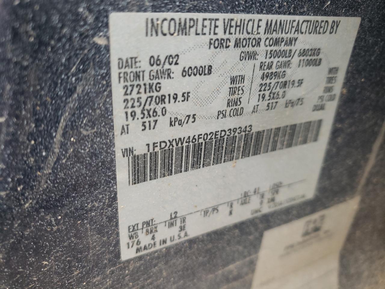 2002 Ford F450 Super Duty VIN: 1FDXW46F02ED39343 Lot: 59902134