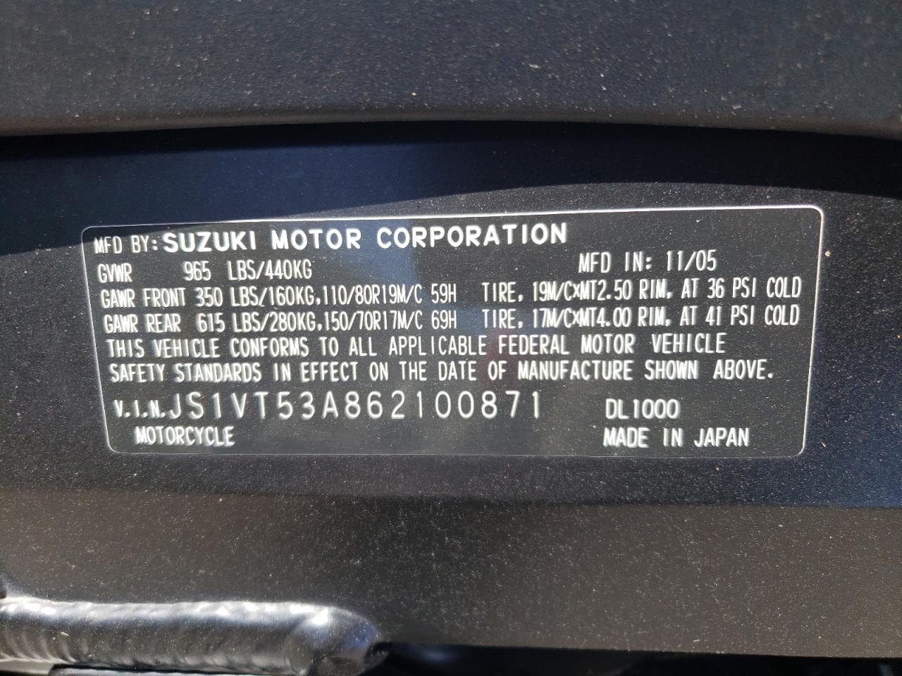 2006 Suzuki Dl1000 VIN: JS1VT53A862100871 Lot: 58759474