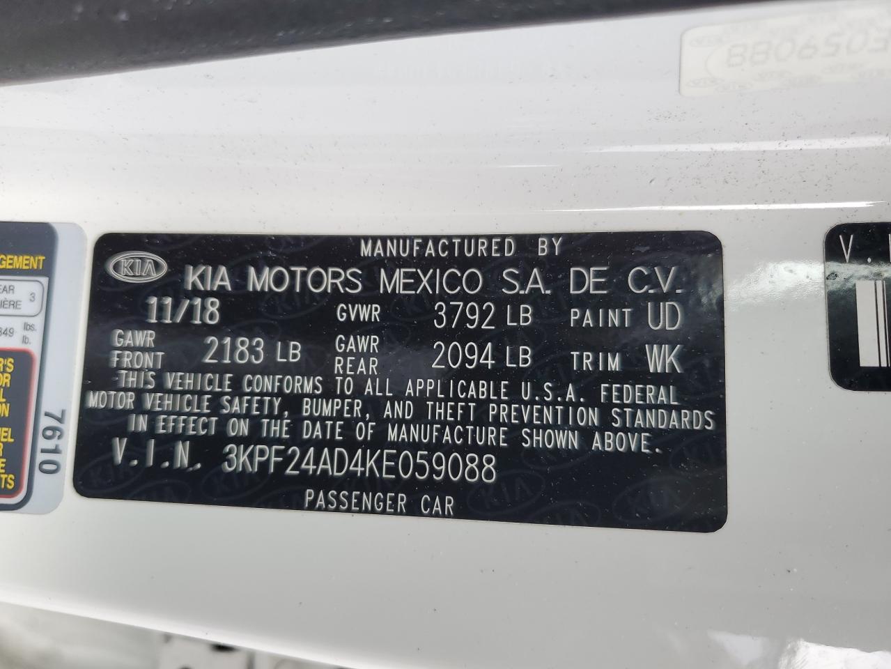 2019 Kia Forte Fe VIN: 3KPF24AD4KE059088 Lot: 60799384