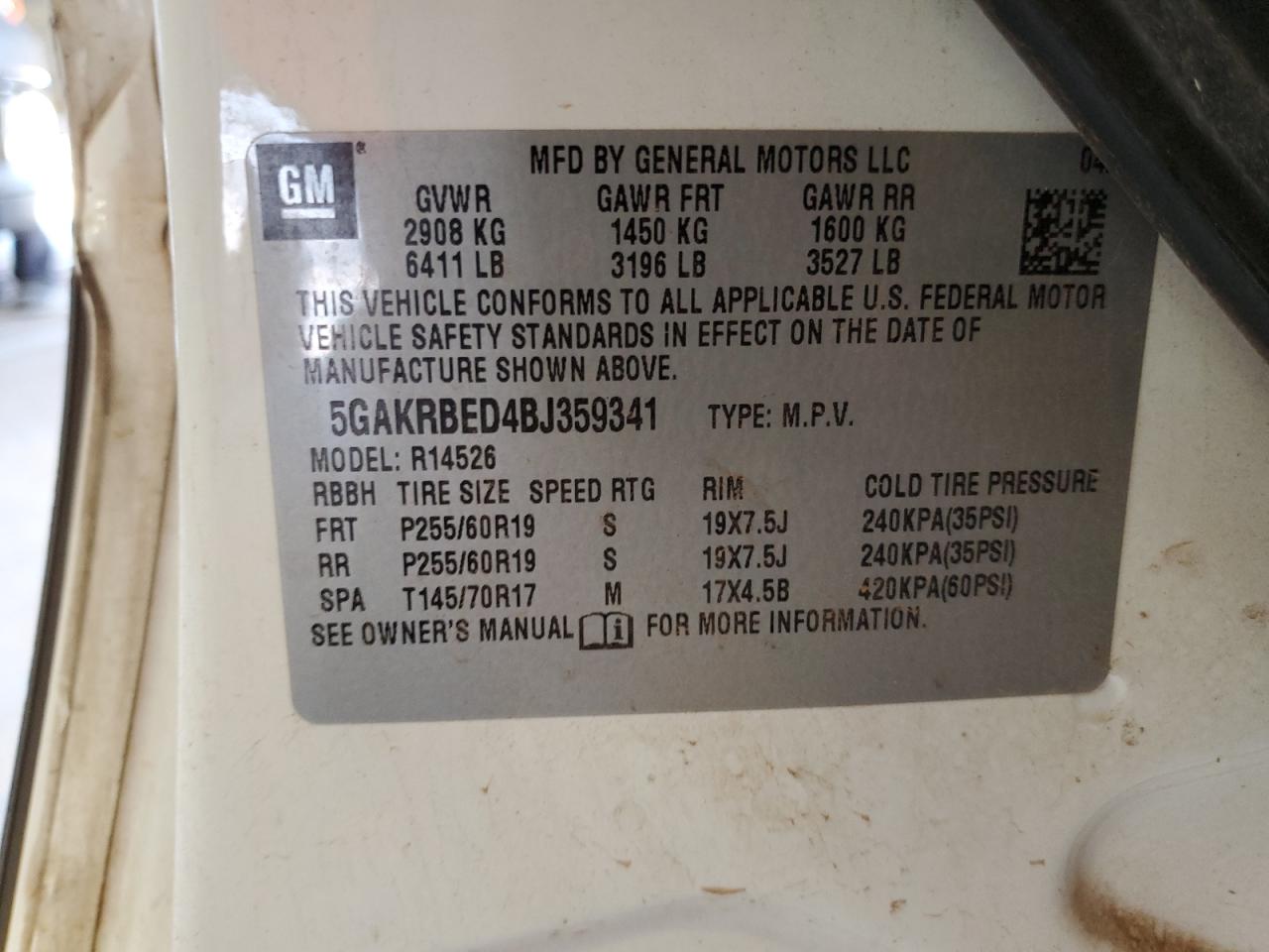 2011 Buick Enclave Cxl VIN: 5GAKRBED4BJ359341 Lot: 57558094