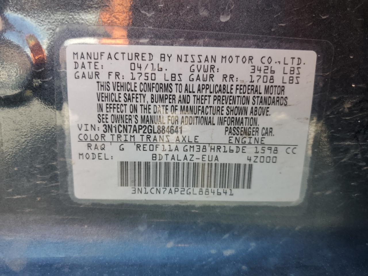 2016 Nissan Versa S VIN: 3N1CN7AP2GL884641 Lot: 58970934