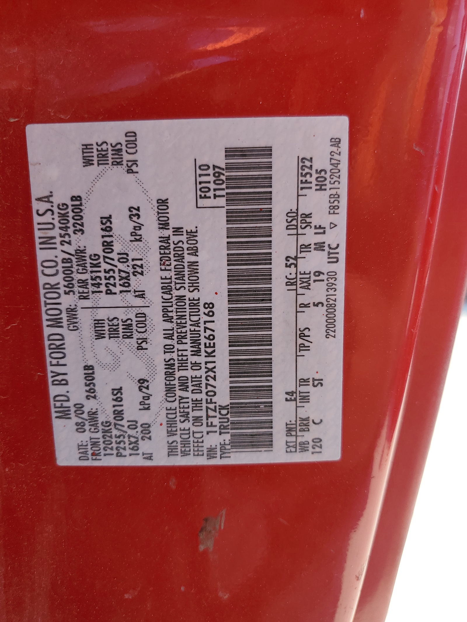 1FTZF072X1KE67168 2001 Ford F150