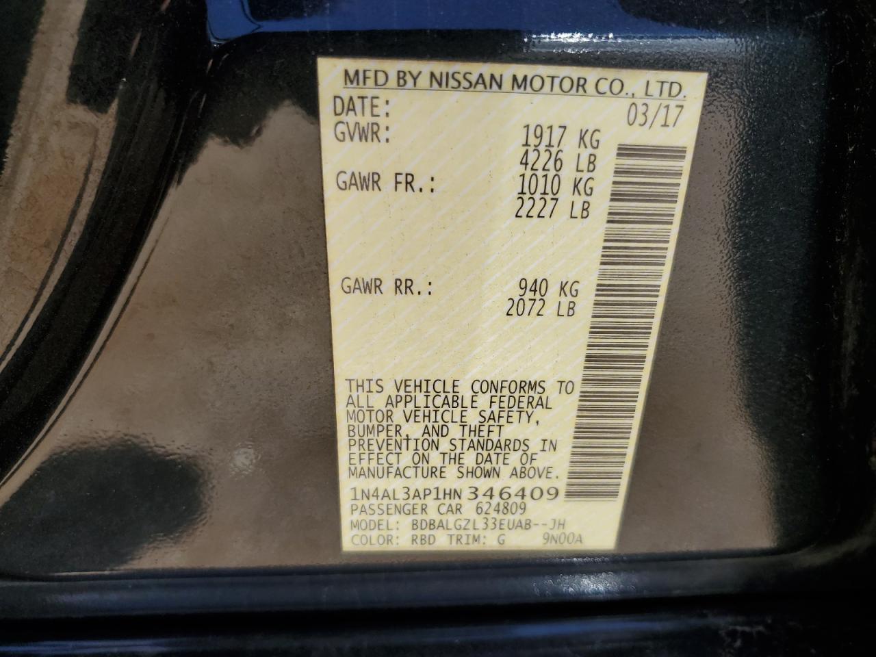 2017 Nissan Altima 2.5 VIN: 1N4AL3AP1HN346409 Lot: 58389794