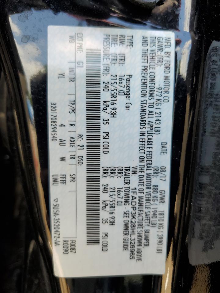 2017 Ford Focus Se VIN: 1FADP3K28HL326965 Lot: 59969224