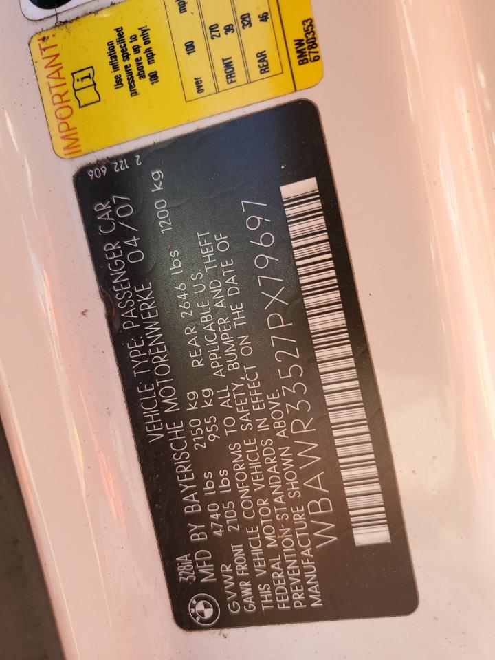 2007 BMW 328 I Sulev VIN: WBAWR33527PX79697 Lot: 56881234