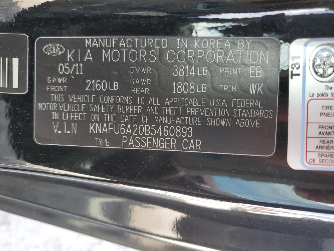 KNAFU6A20B5460893 2011 Kia Forte Ex