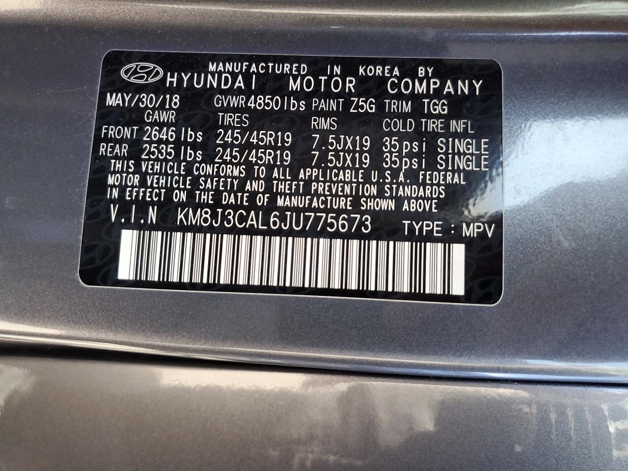 2018 Hyundai Tucson Sport VIN: KM8J3CAL6JU775673 Lot: 57861514