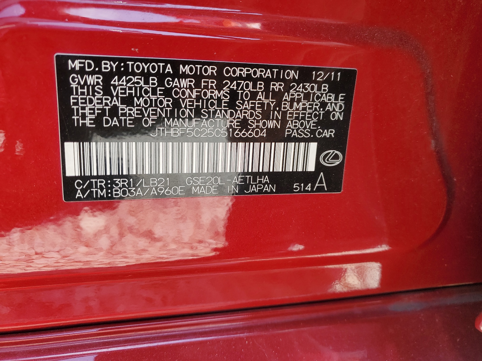 JTHBF5C25C5166604 2012 Lexus Is 250