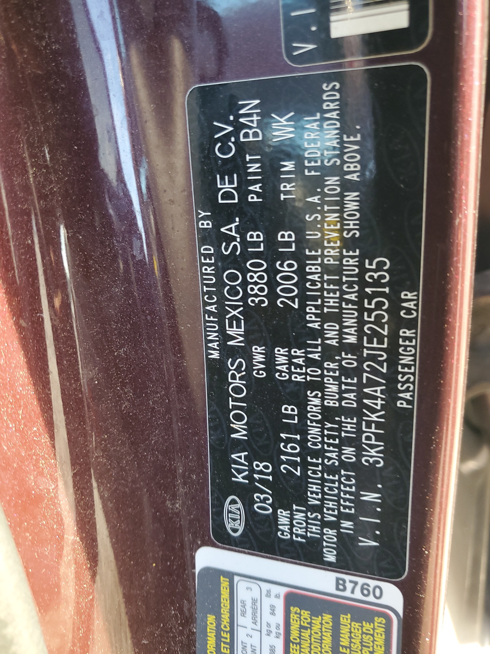 3KPFK4A72JE255135 2018 Kia Forte Lx