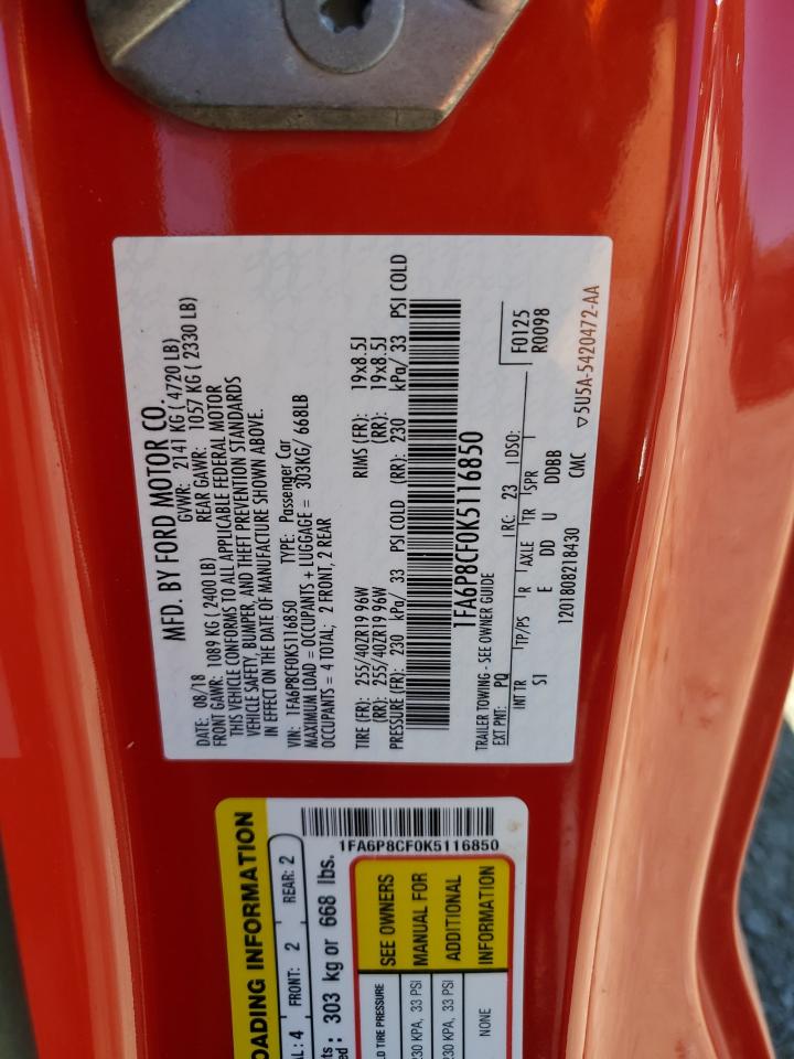 2019 Ford Mustang Gt VIN: 1FA6P8CF0K5116850 Lot: 61120584