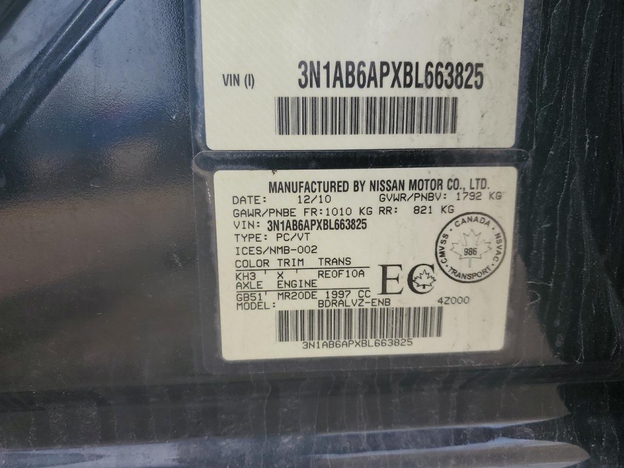 2011 Nissan Sentra 2.0 VIN: 3N1AB6APXBL663825 Lot: 57702984