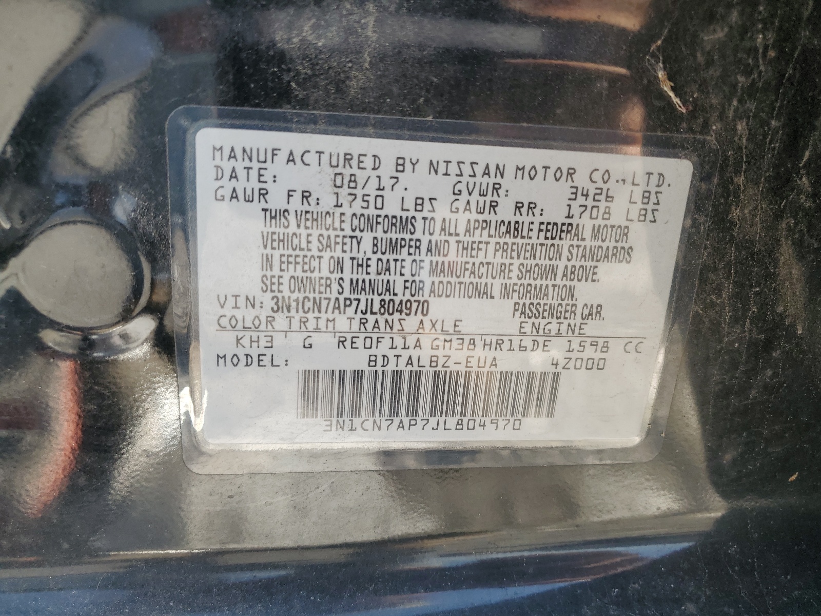 3N1CN7AP7JL804970 2018 Nissan Versa S