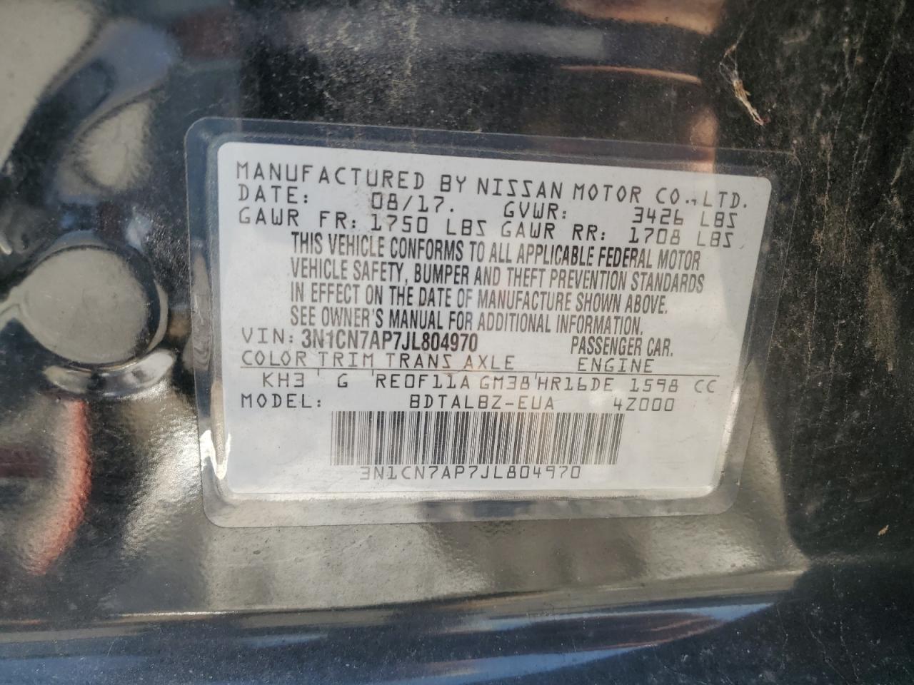 2018 Nissan Versa S VIN: 3N1CN7AP7JL804970 Lot: 60103564