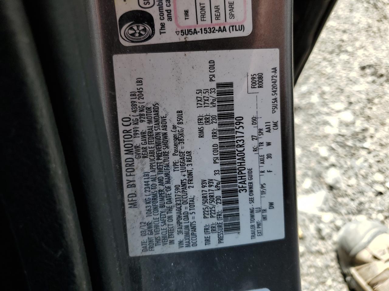 3FAHP0HA0CR317590 2012 Ford Fusion Se