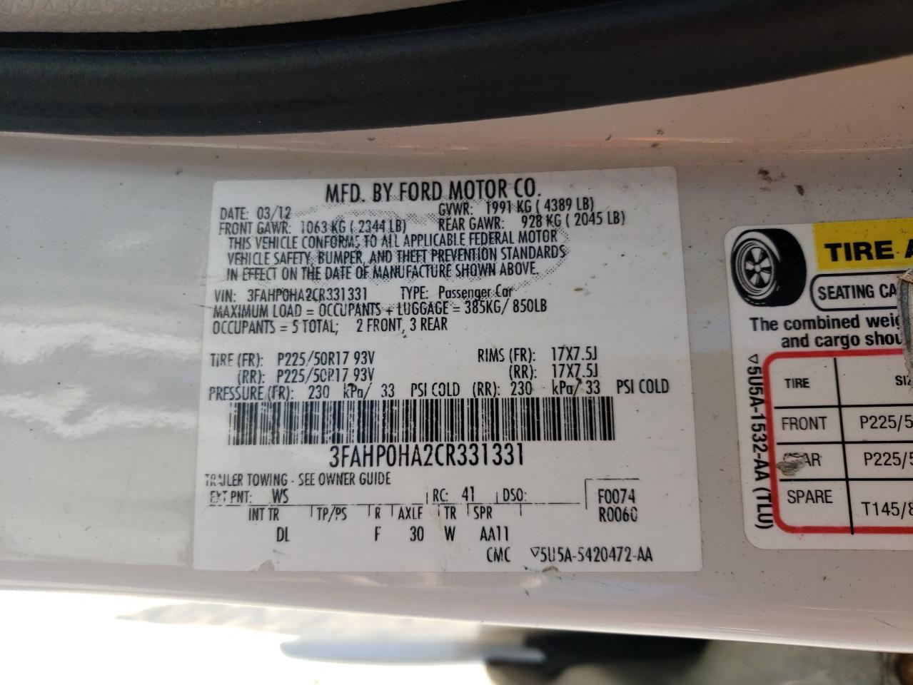 2012 Ford Fusion Se VIN: 3FAHP0HA2CR331331 Lot: 59949084