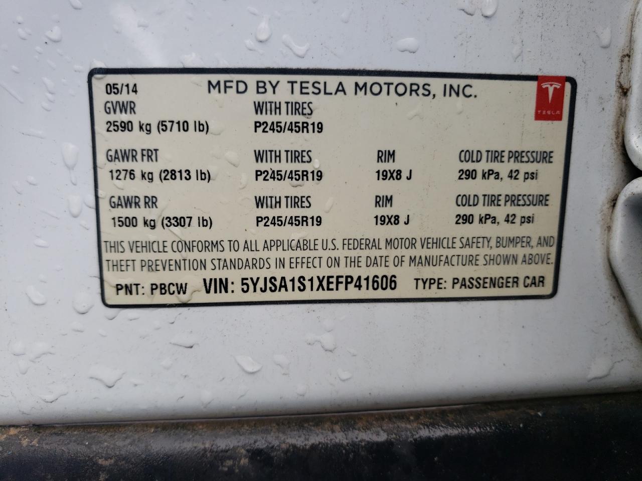 2014 Tesla Model S VIN: 5YJSA1S1XEFP41606 Lot: 58274244