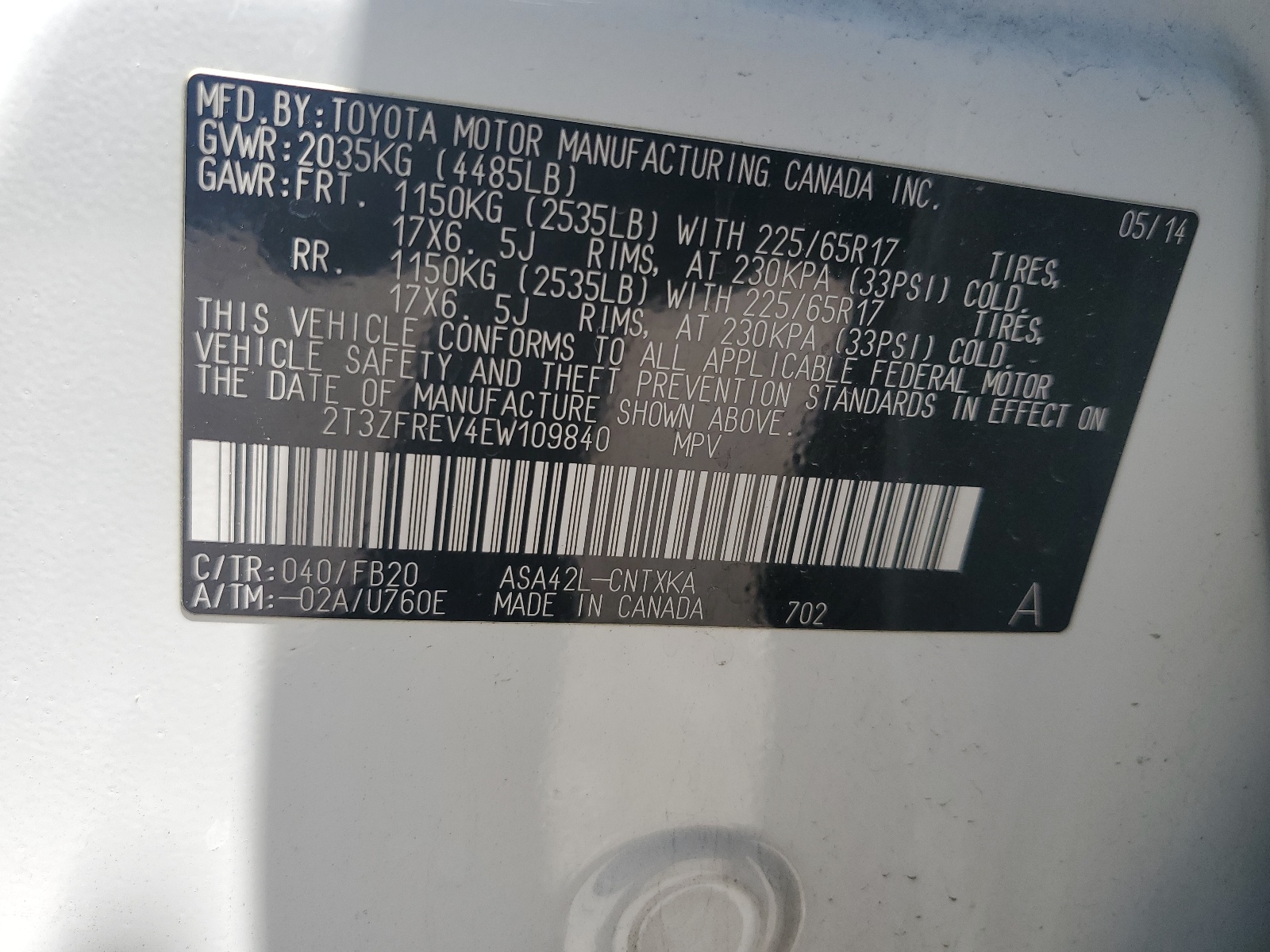 2T3ZFREV4EW109840 2014 Toyota Rav4 Le