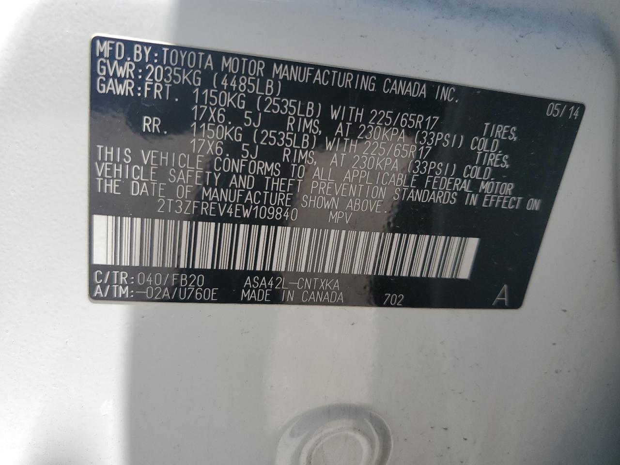 2014 Toyota Rav4 Le VIN: 2T3ZFREV4EW109840 Lot: 60160684