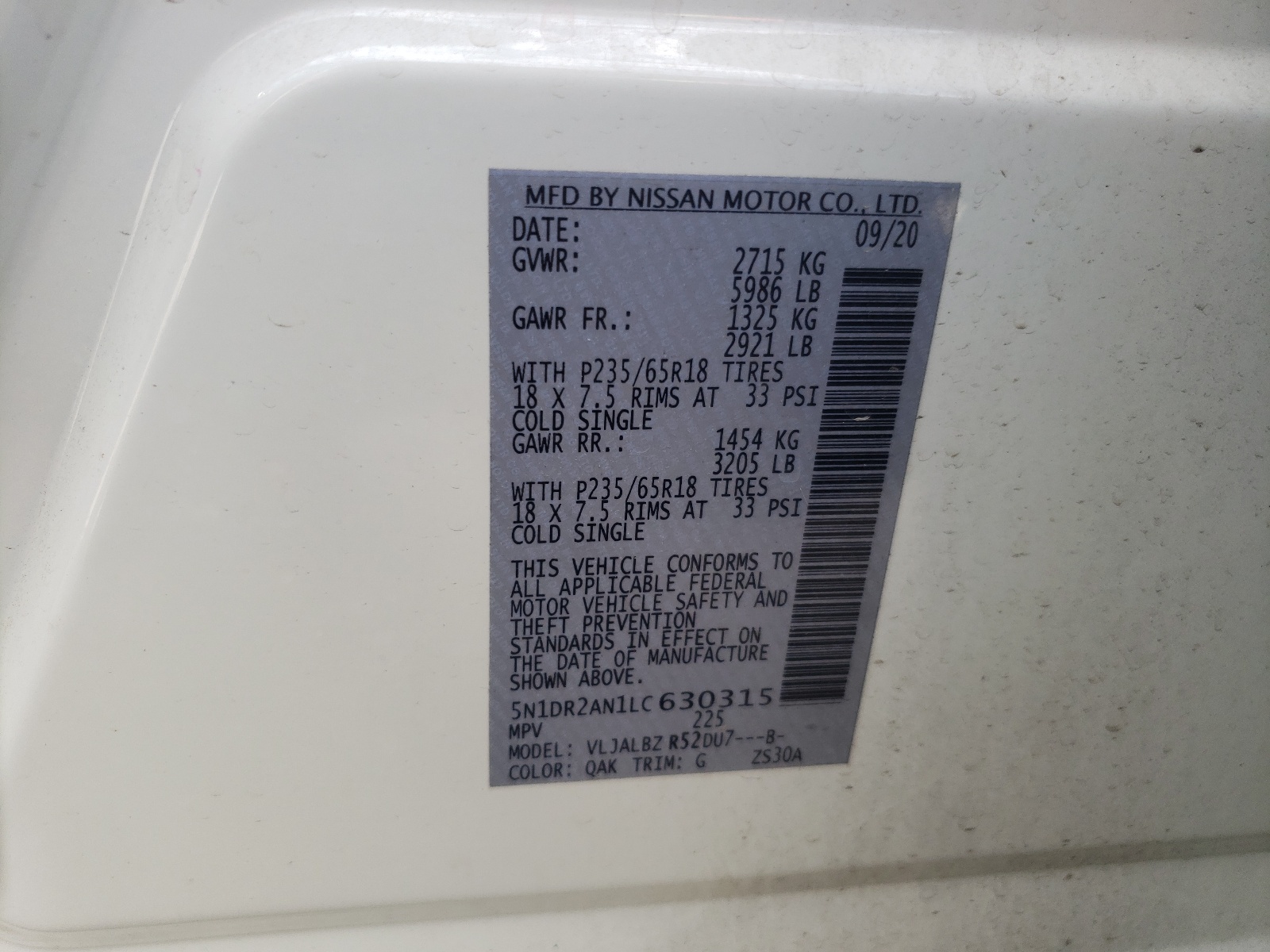 5N1DR2AN1LC630315 2020 Nissan Pathfinder S