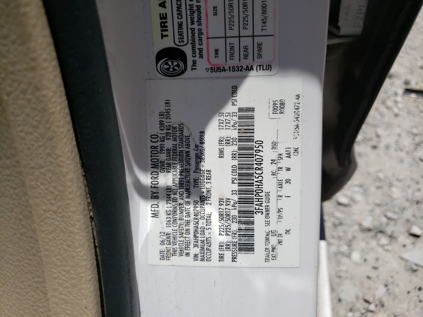 3FAHP0HA5CR407950 2012 Ford Fusion Se