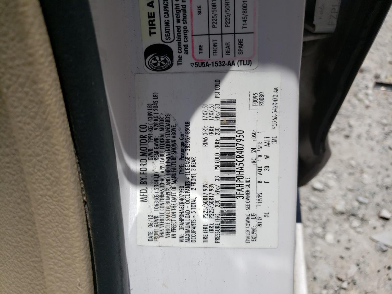 2012 Ford Fusion Se VIN: 3FAHP0HA5CR407950 Lot: 57716544