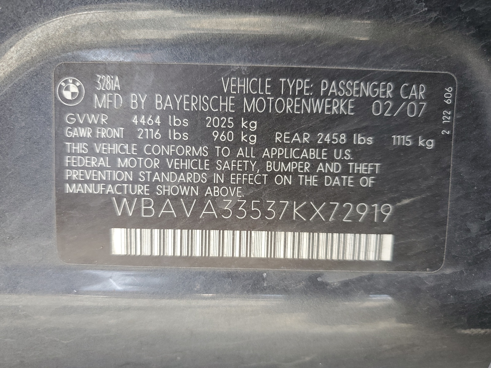 WBAVA33537KX72919 2007 BMW 328 I