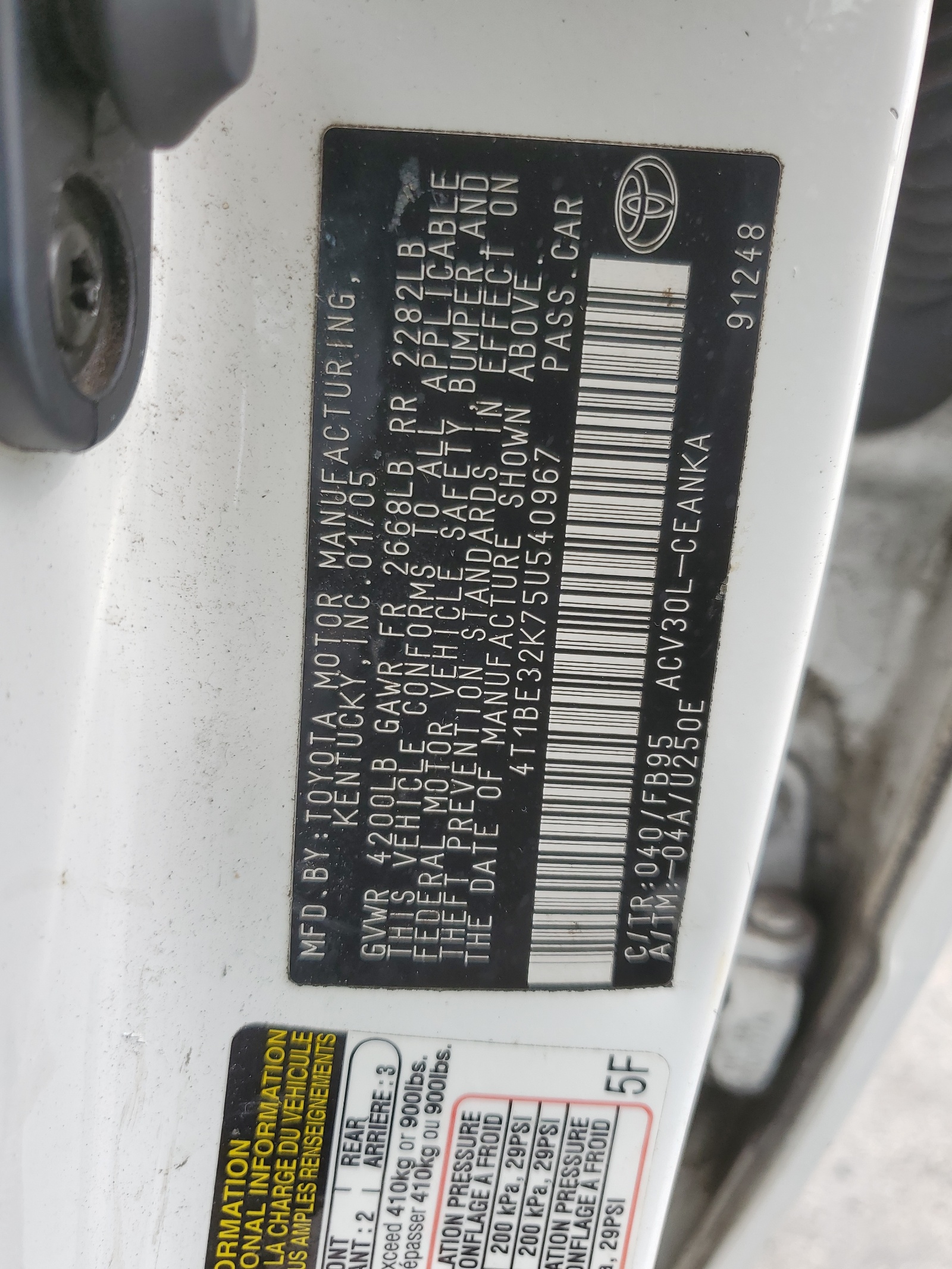 4T1BE32K75U540967 2005 Toyota Camry Le