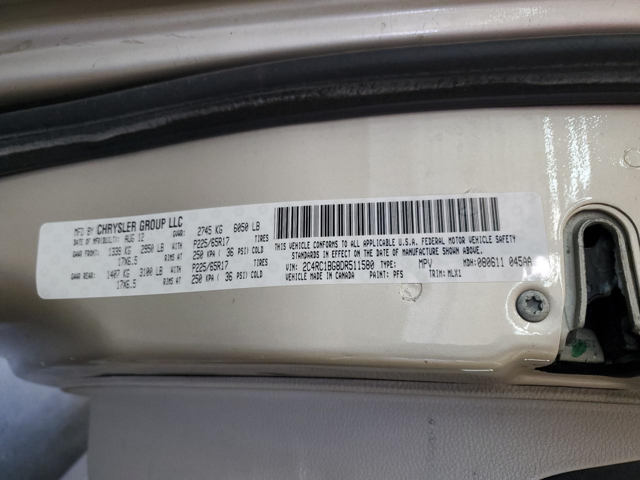 2013 Chrysler Town & Country Touring VIN: 2C4RC1BG8DR511580 Lot: 57780514