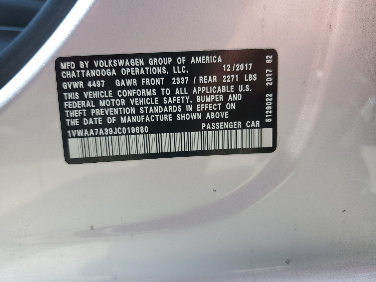 1VWAA7A39JC019680 2018 Volkswagen Passat S