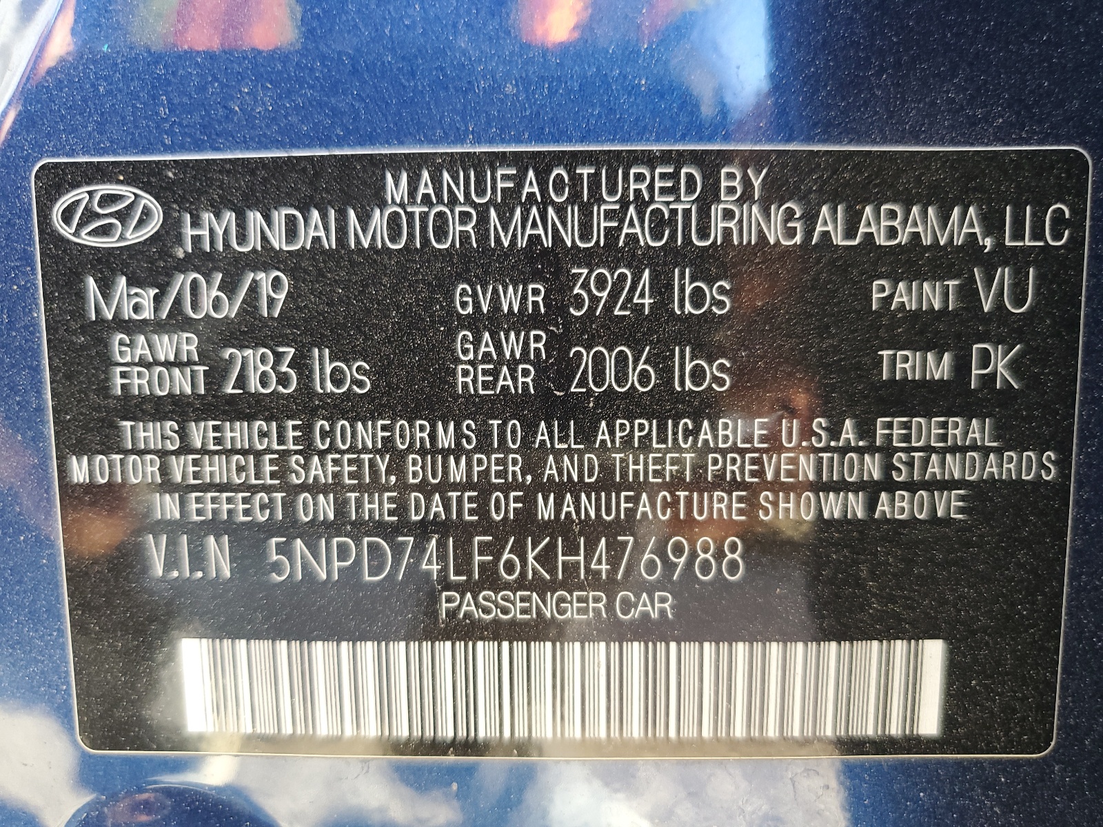 5NPD74LF6KH476988 2019 Hyundai Elantra Se