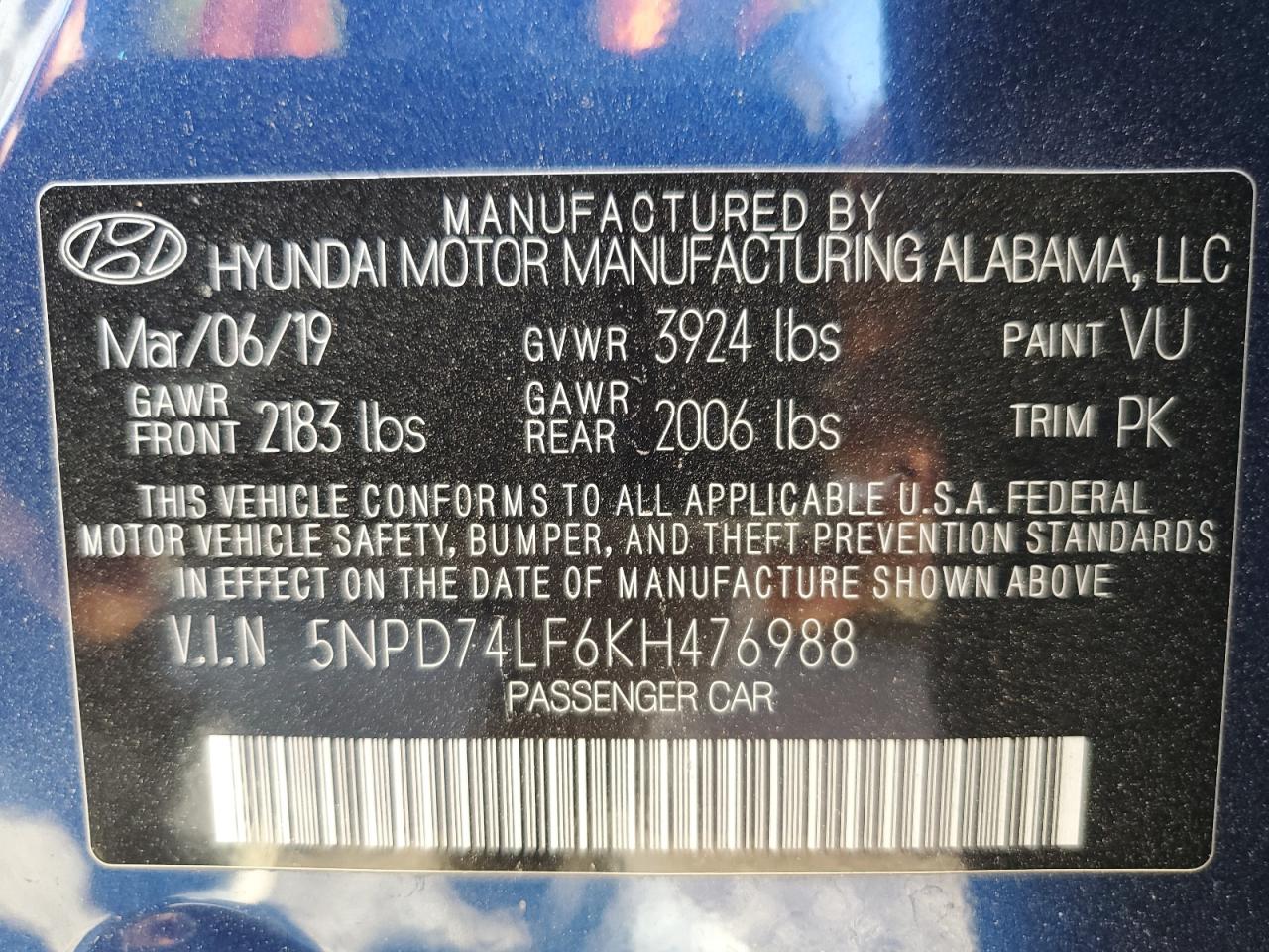 2019 Hyundai Elantra Se VIN: 5NPD74LF6KH476988 Lot: 60895954