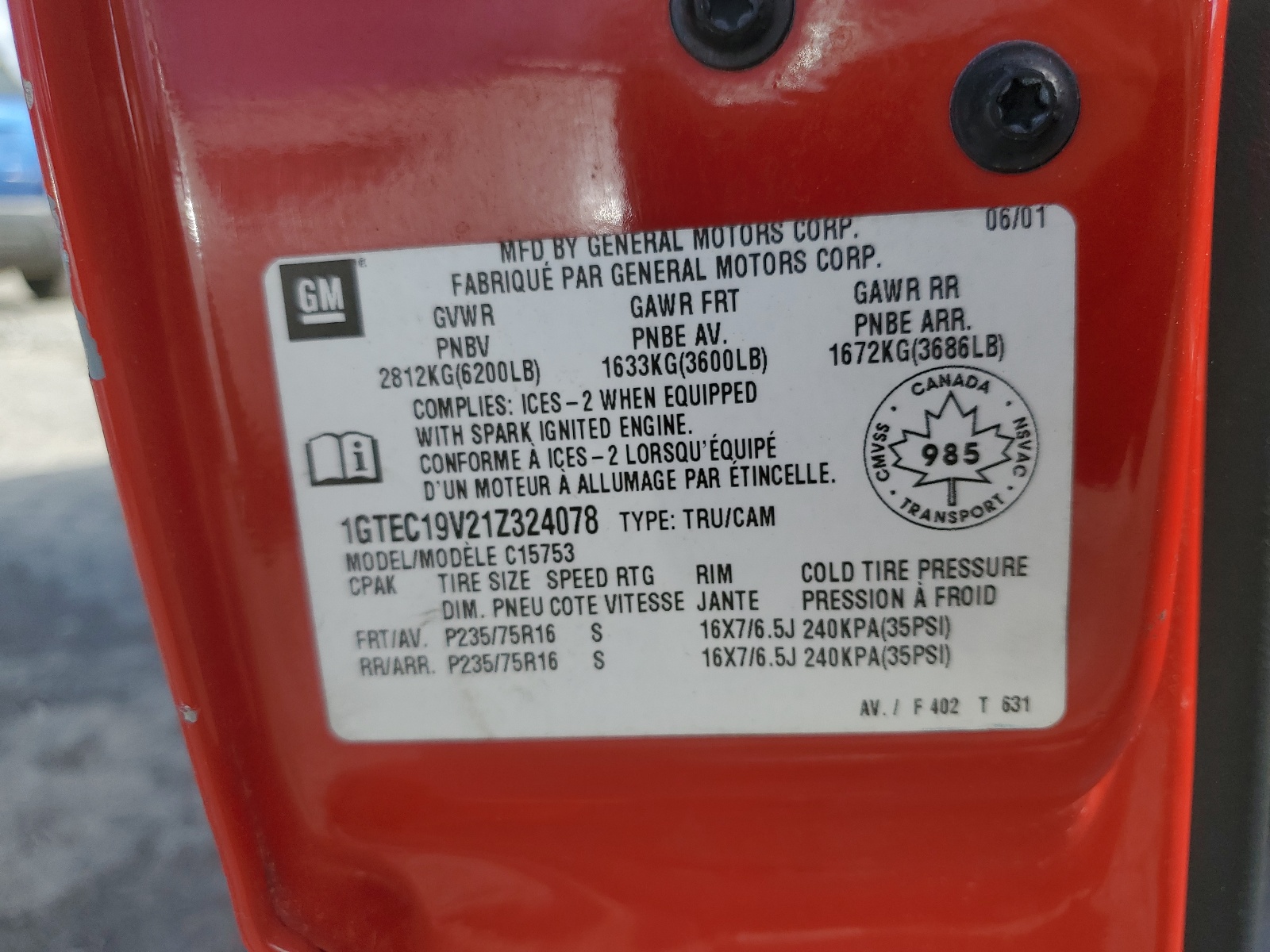 1GTEC19V21Z324078 2001 GMC New Sierra C1500