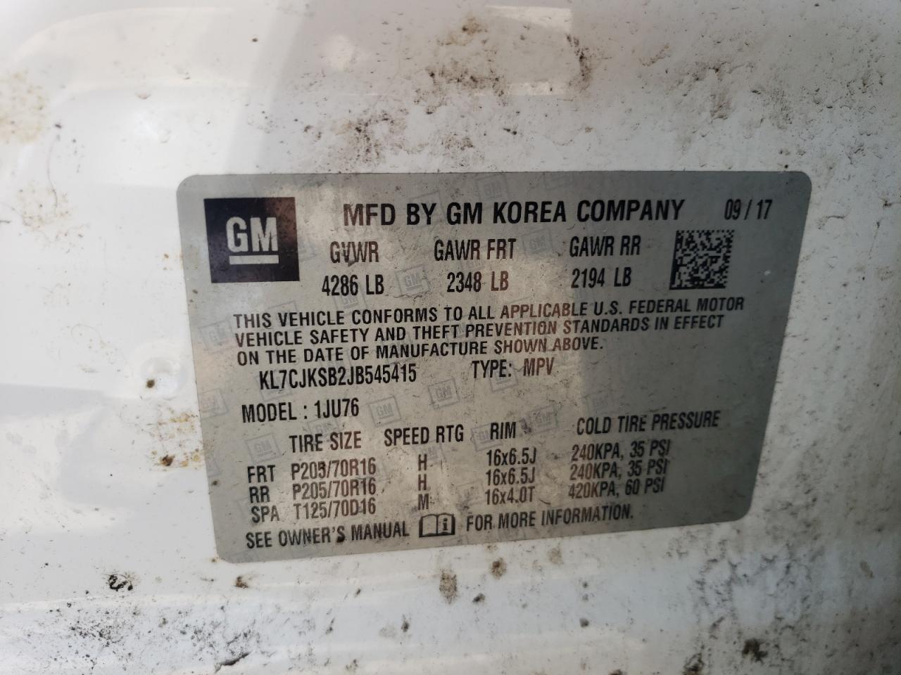 2018 Chevrolet Trax Ls VIN: KL7CJKSB2JB545415 Lot: 58864194