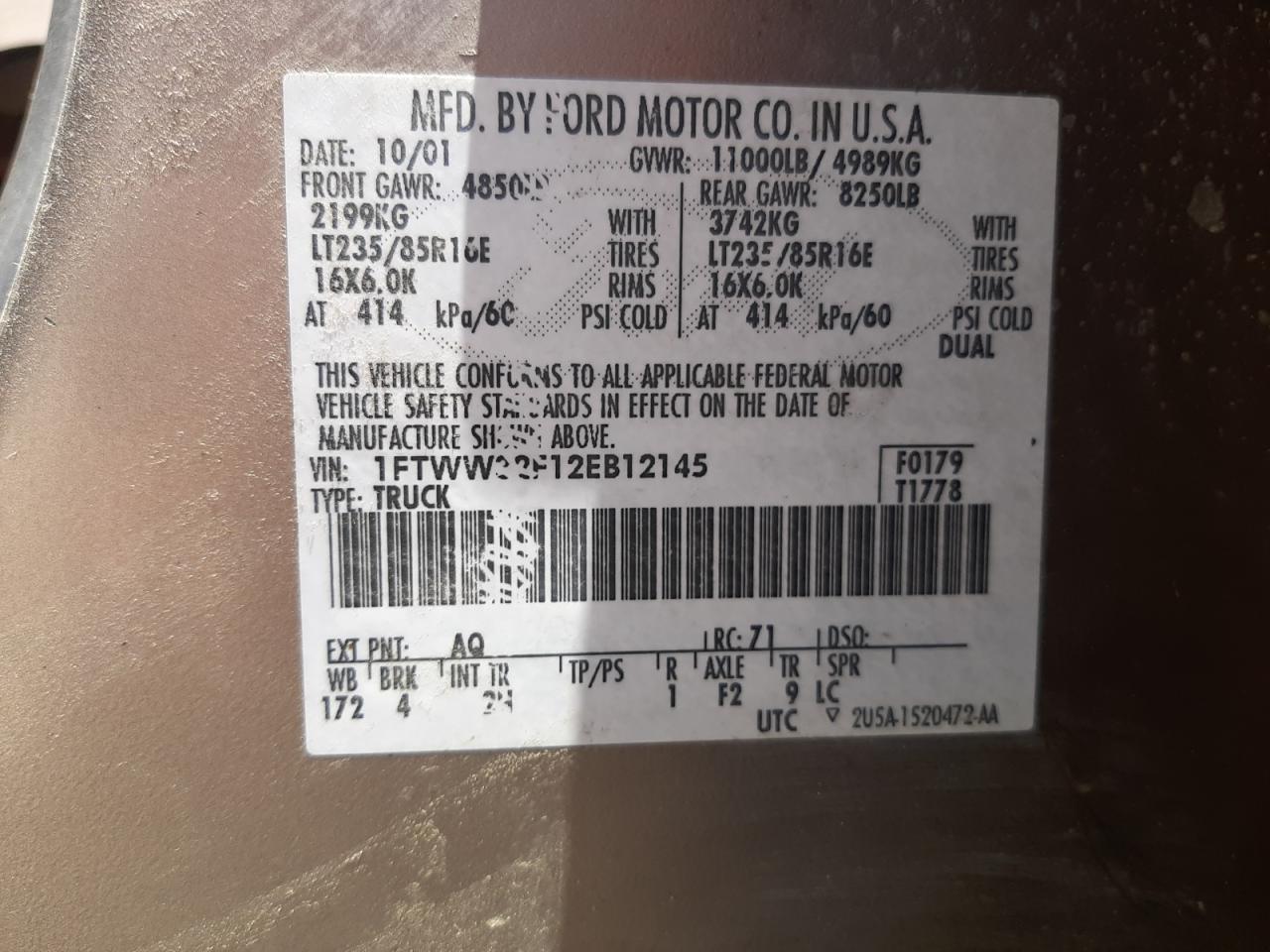 2002 Ford F350 Super Duty VIN: 1FTWW32F12EB12145 Lot: 60724534