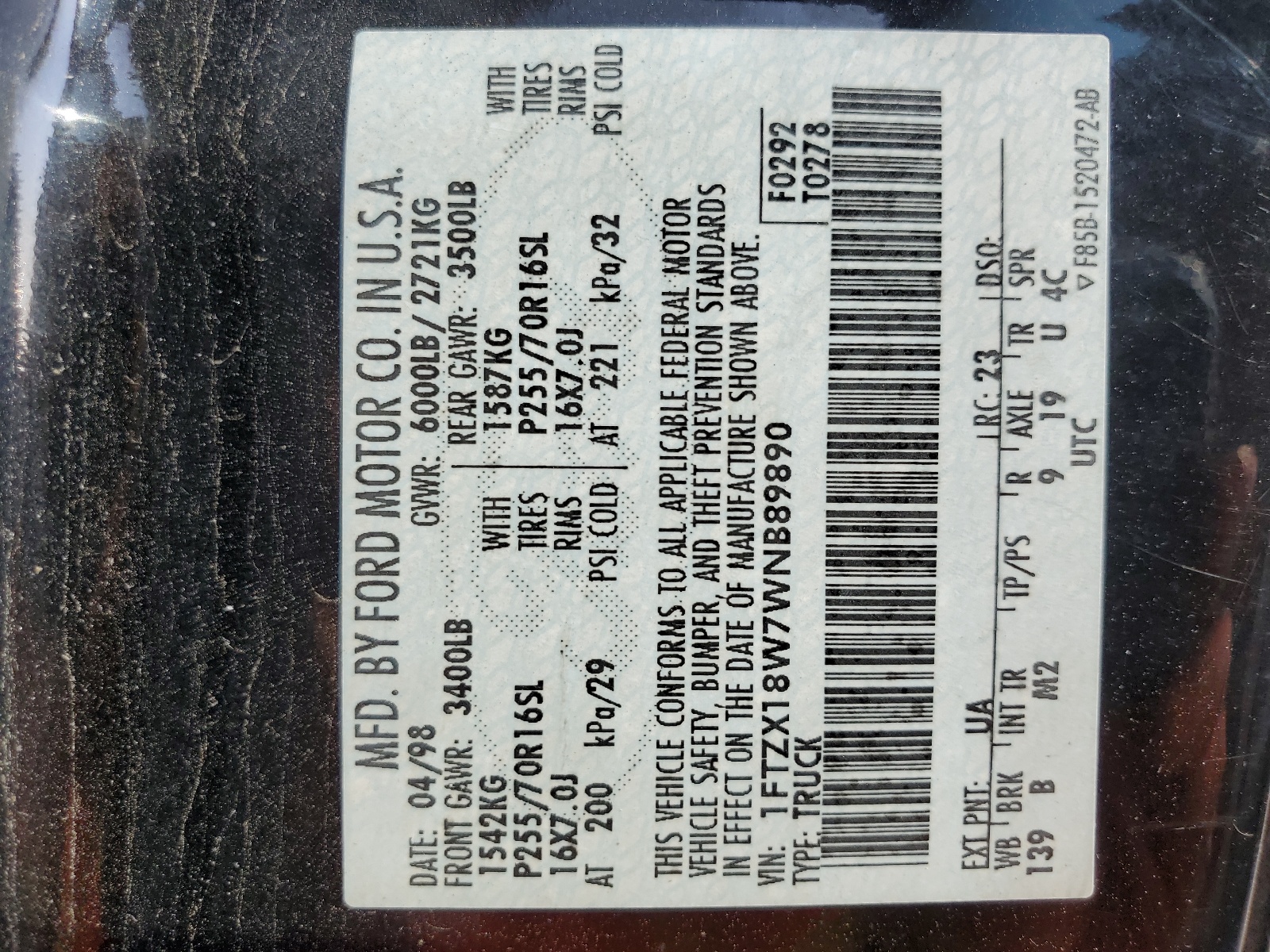 1FTZX18W7WNB89890 1998 Ford F150