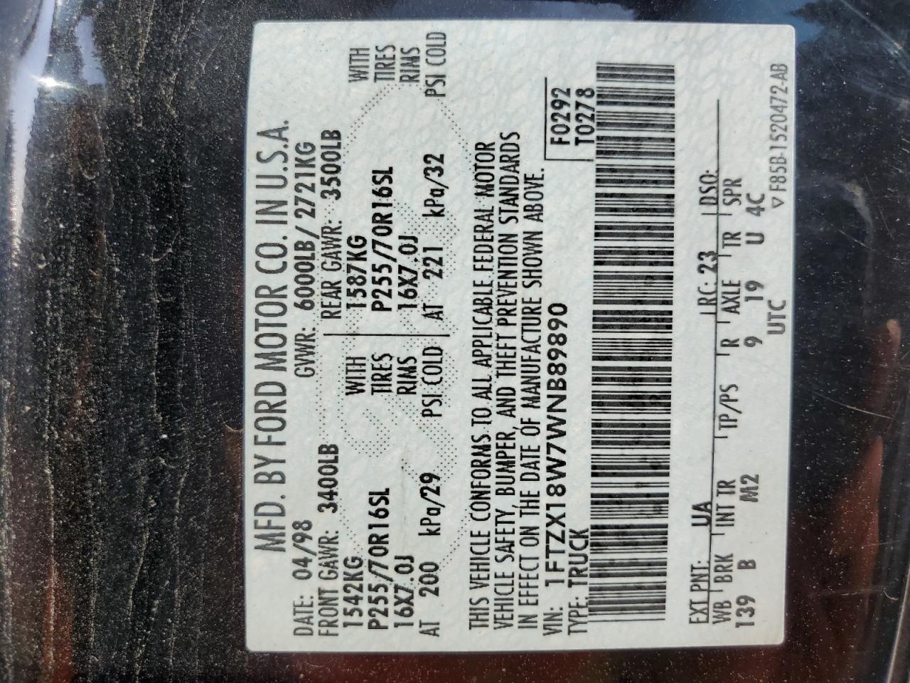 1998 Ford F150 VIN: 1FTZX18W7WNB89890 Lot: 59425514