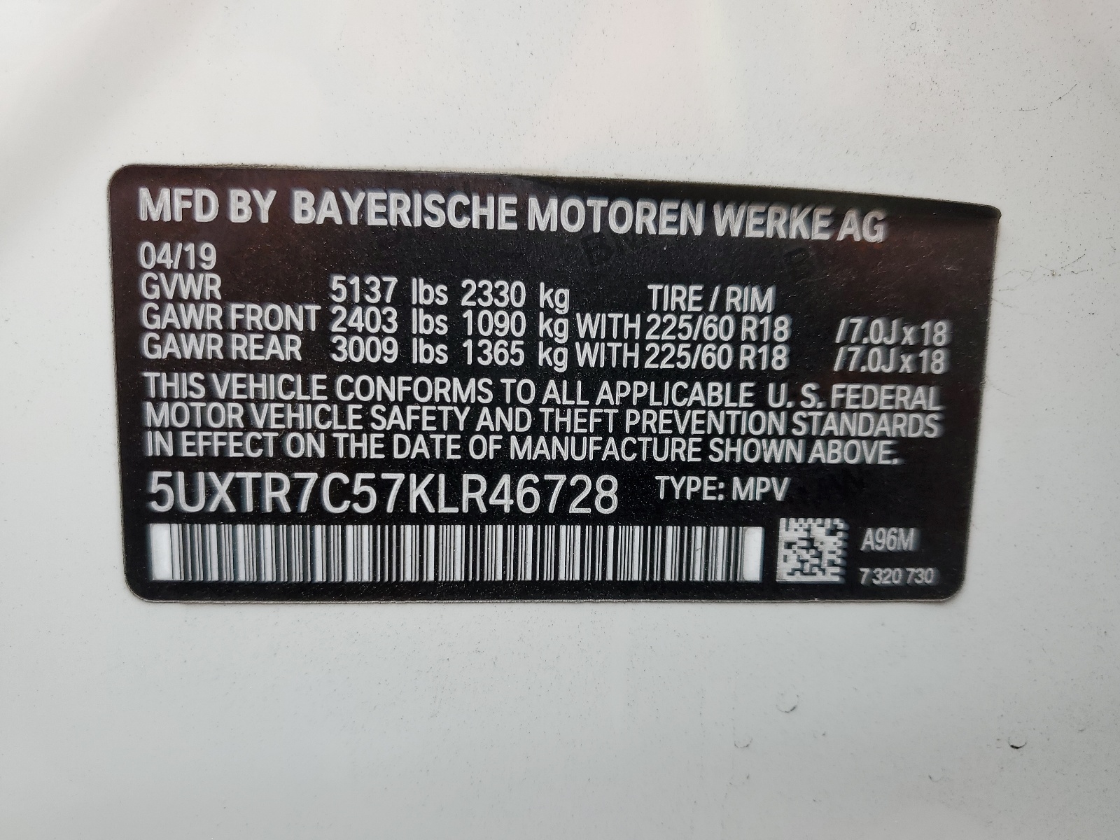 5UXTR7C57KLR46728 2019 BMW X3 Sdrive30I