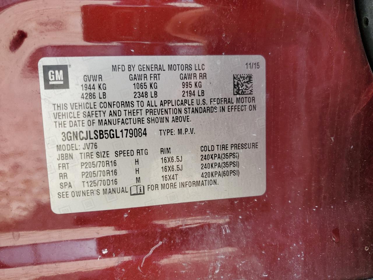 2016 Chevrolet Trax 1Lt VIN: 3GNCJLSB5GL179084 Lot: 57906004