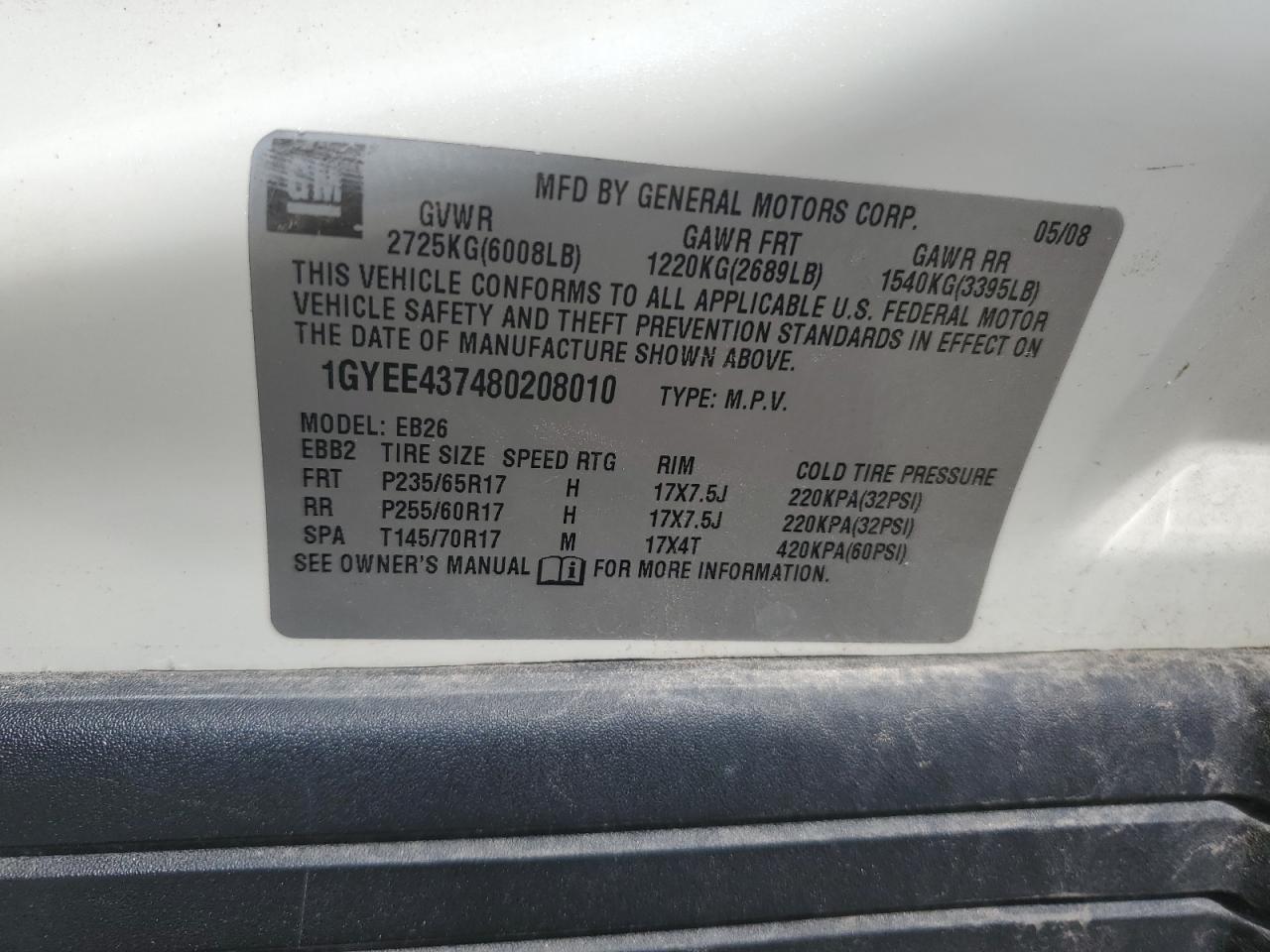 2008 Cadillac Srx VIN: 1GYEE437480208010 Lot: 58129124