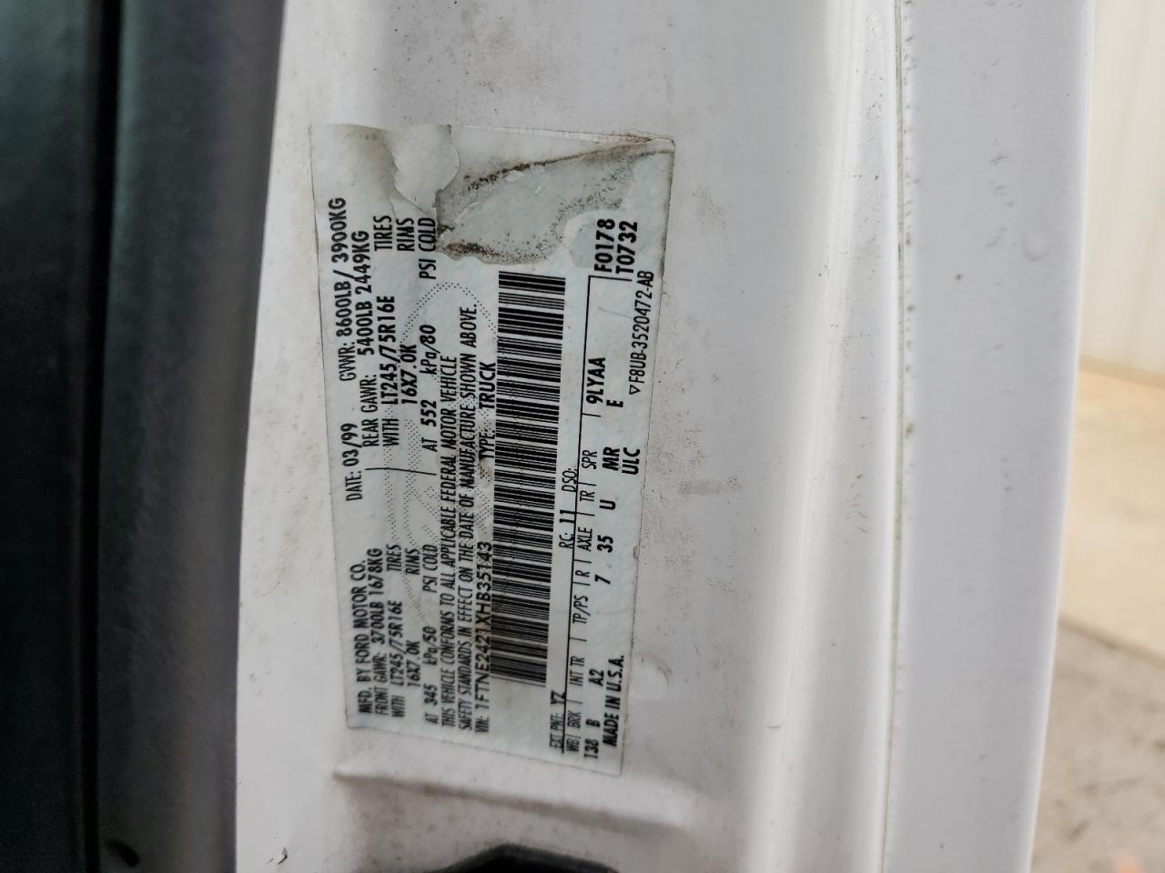 1999 Ford Econoline E250 Van VIN: 1FTNE2421XHB35143 Lot: 56922794