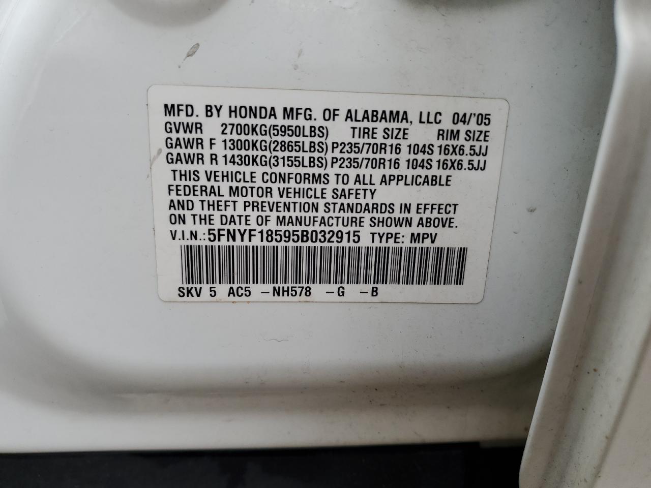 2005 Honda Pilot Exl VIN: 5FNYF18595B032915 Lot: 59482944